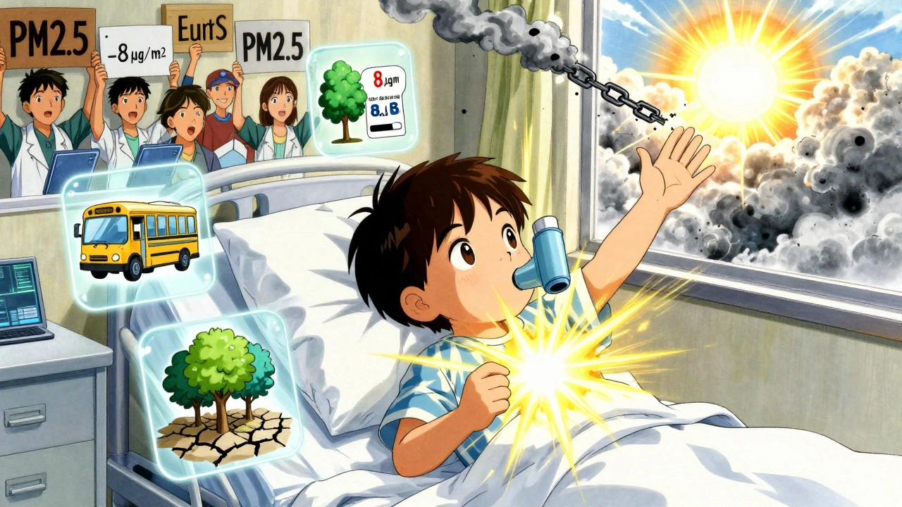 Child in hospital reaches toward sunrise breaking through pollution, icons of clean air policies floating around.