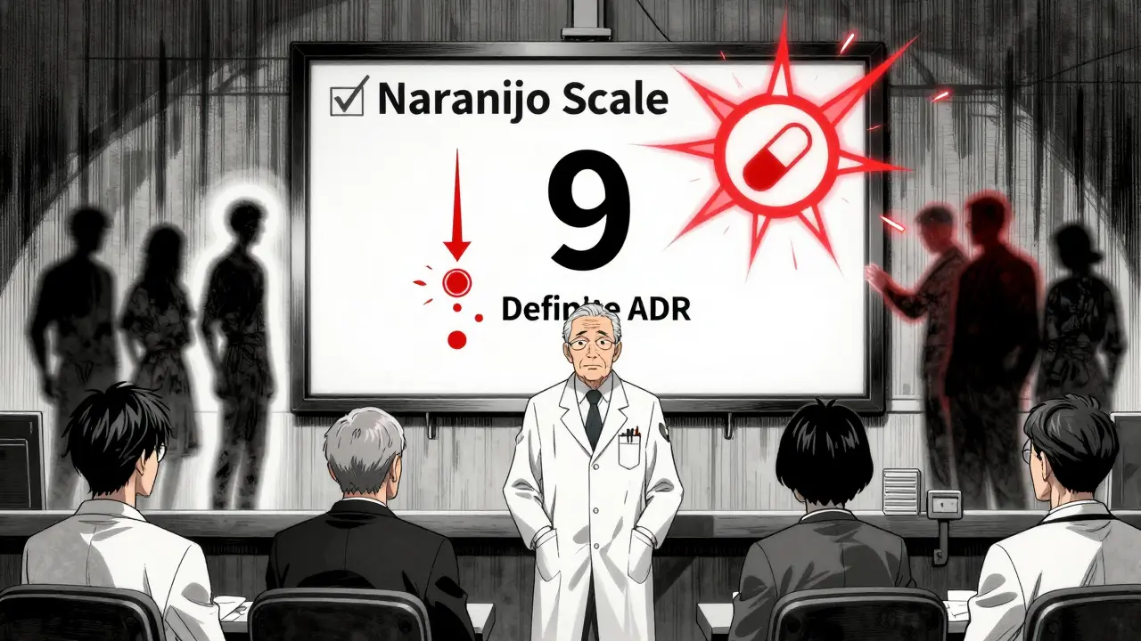 Clinician presenting a 'Definite ADR' score on a screen as a patient recovers, with dangerous drug symbols exploding in the background.