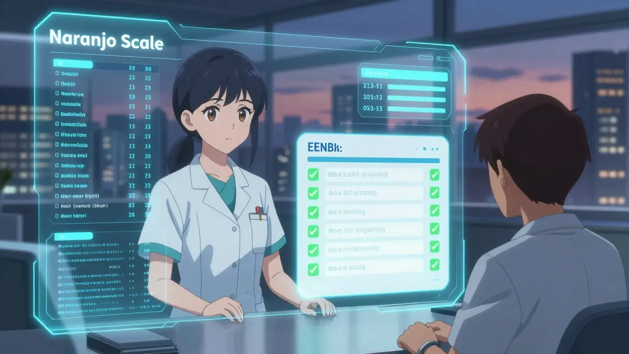 Digital Naranjo Scale interface auto-filling with real-time patient data, viewed by a nurse and patient in a modern hospital.
