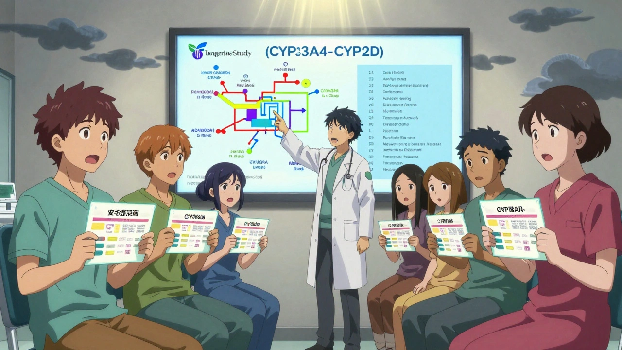 Diverse transgender patients in clinic with glowing drug interaction charts and enzyme pathway diagram.