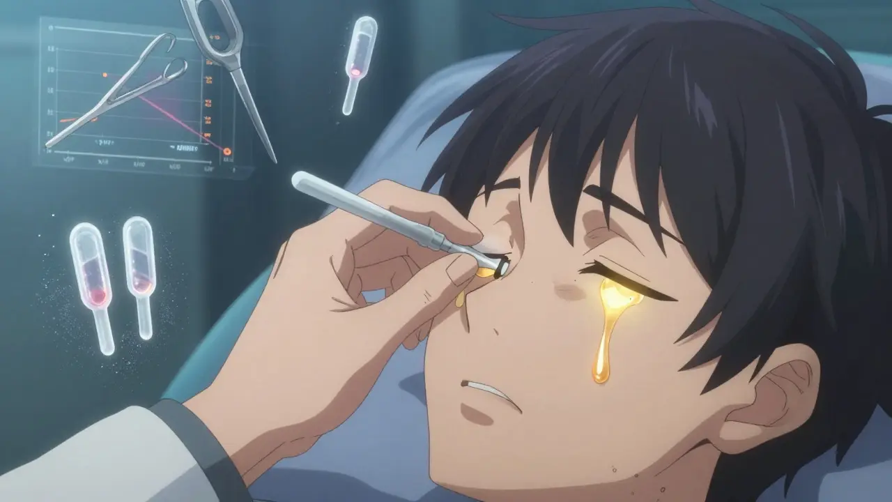 Doctor inserting a punctal plug, golden tears held back by a tiny plug while collagen dissolves into glitter.