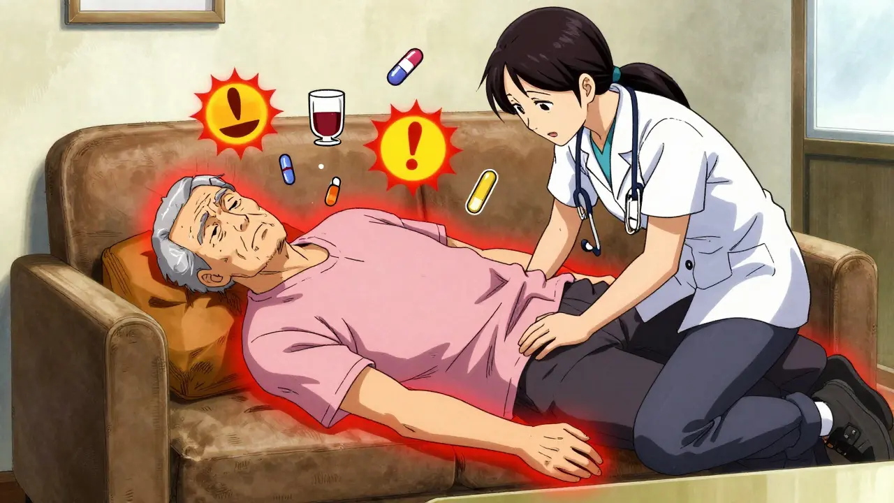 Elderly man unconscious on couch, family turning him onto his side to prevent choking from vomiting.