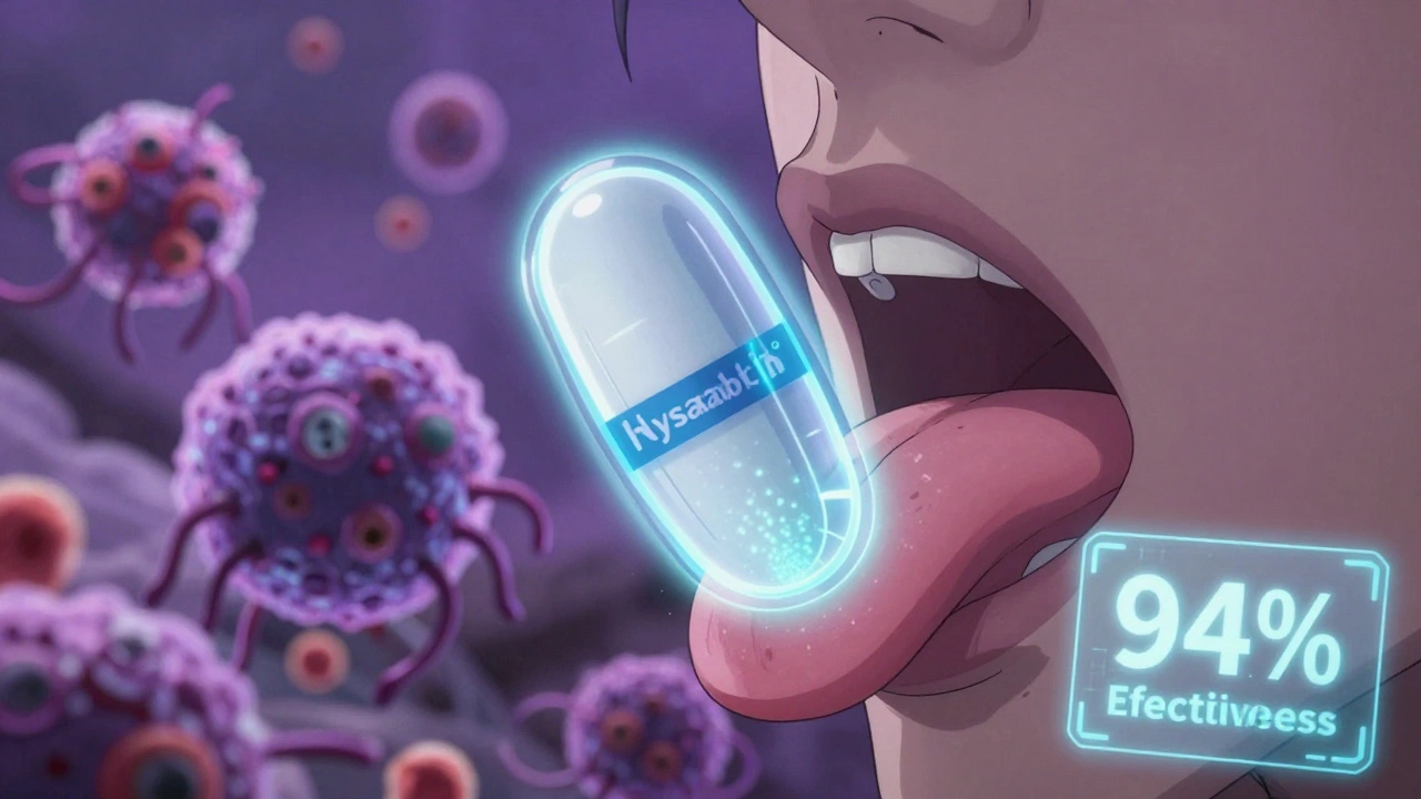 Futuristic tablet sticking to tongue with probiotic warriors fighting yeast monsters