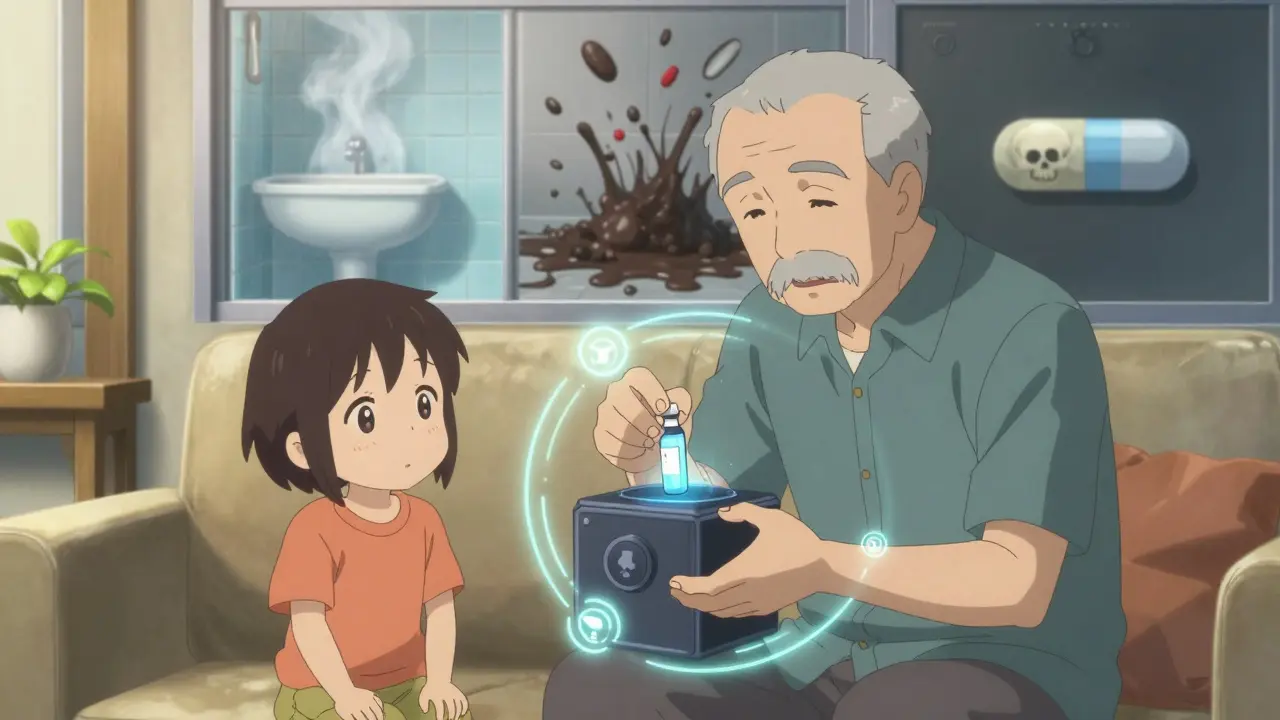 Grandfather using a voice-activated lockbox to access insulin, with safety symbols glowing around him.