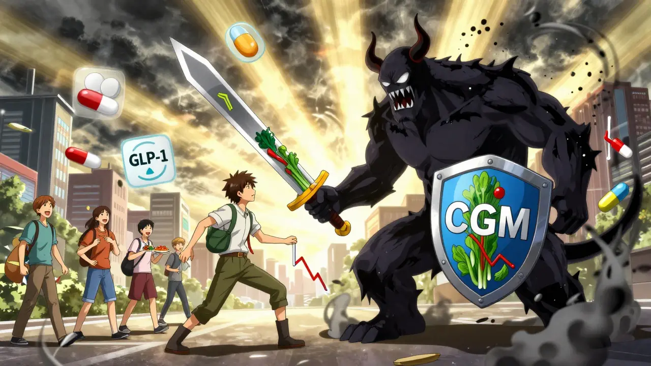 Hero battling insulin resistance monster with vegetable sword and CGM shield, symbolizing diabetes remission through lifestyle.