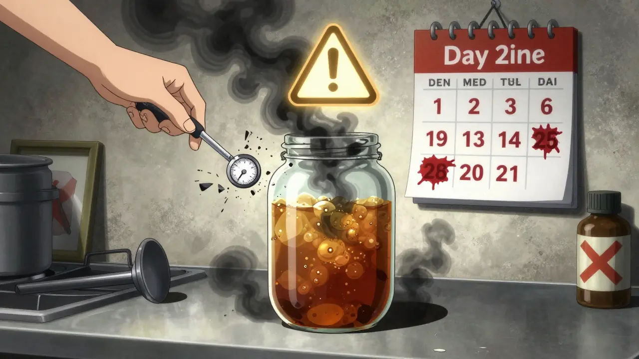 Homemade kombucha jar emitting dark smoke, hydrometer breaking, warning symbol glowing above.