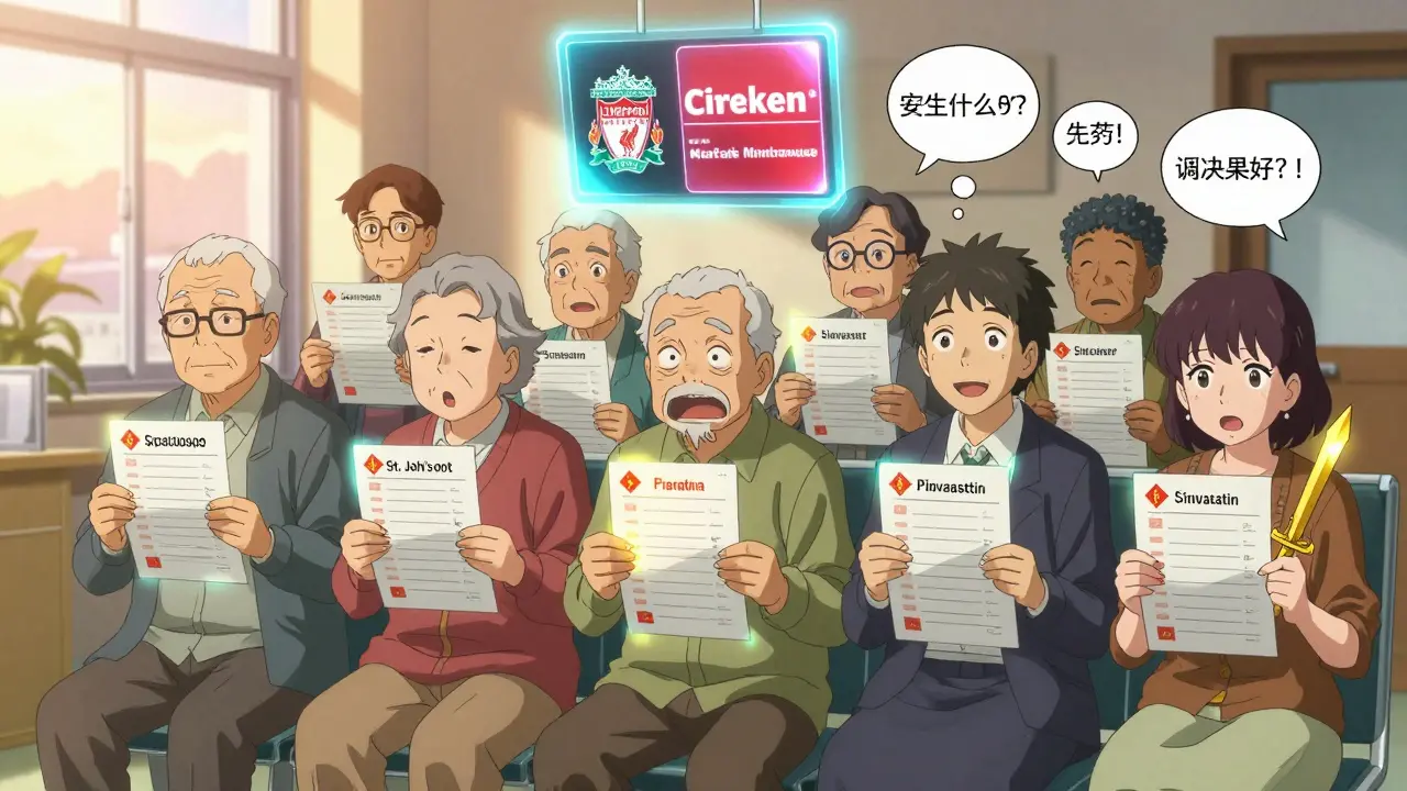 Older adults with HIV replacing risky meds with safe ones, guided by a glowing drug checker, in shounen anime style.