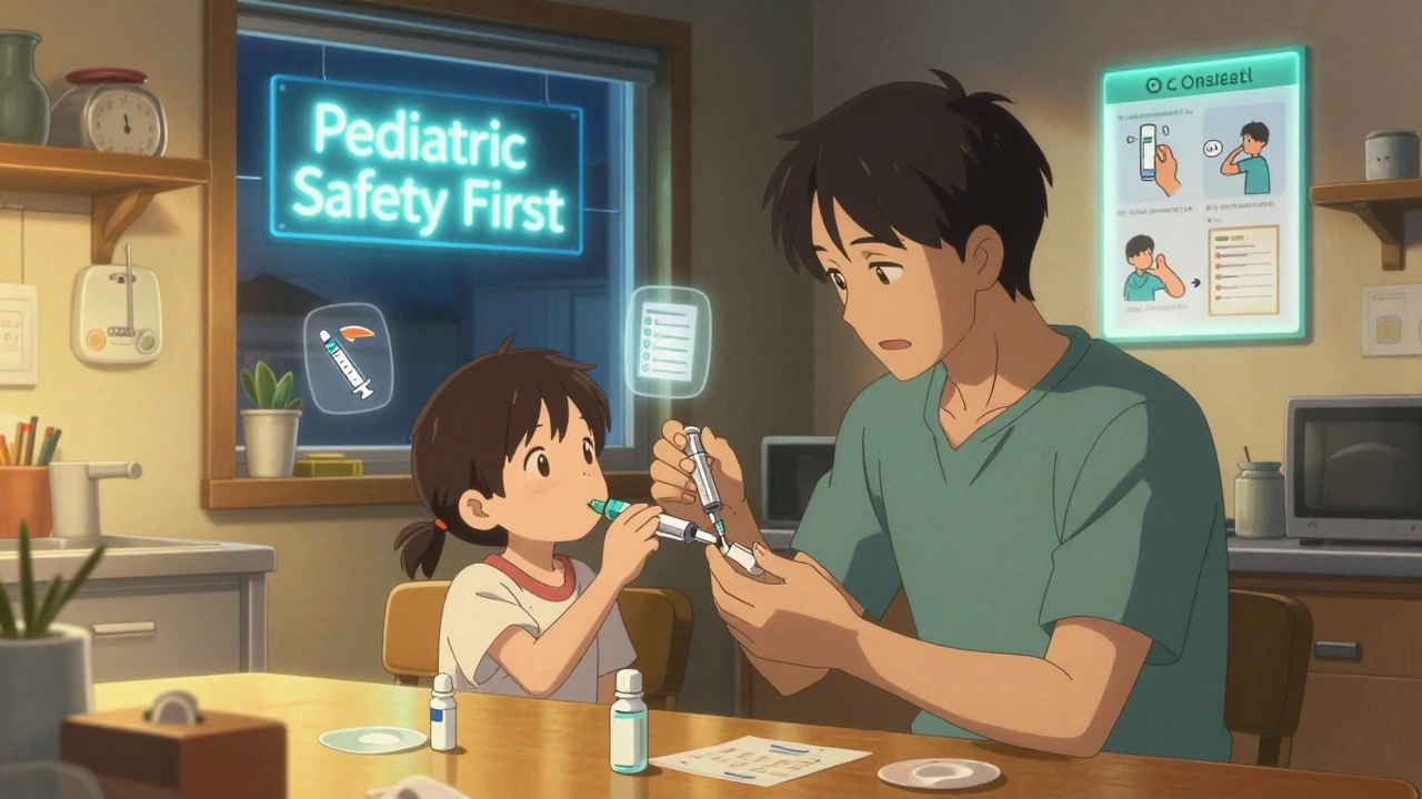 Parent correctly uses syringe to give medicine at home, pictogram guide glowing on wall beside them.