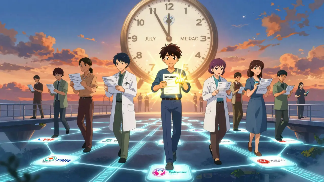 Patients crossing a bridge of connected pharmacy data streams, manually adding supplements as golden light represents control over their health records.