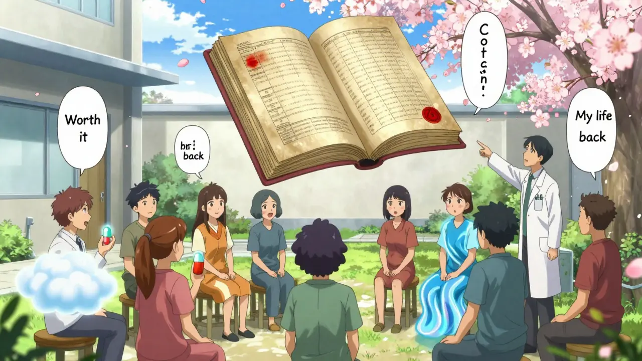 Patients in a clinic courtyard with glowing pills and a floating clozapine book, cherry blossoms falling around them.