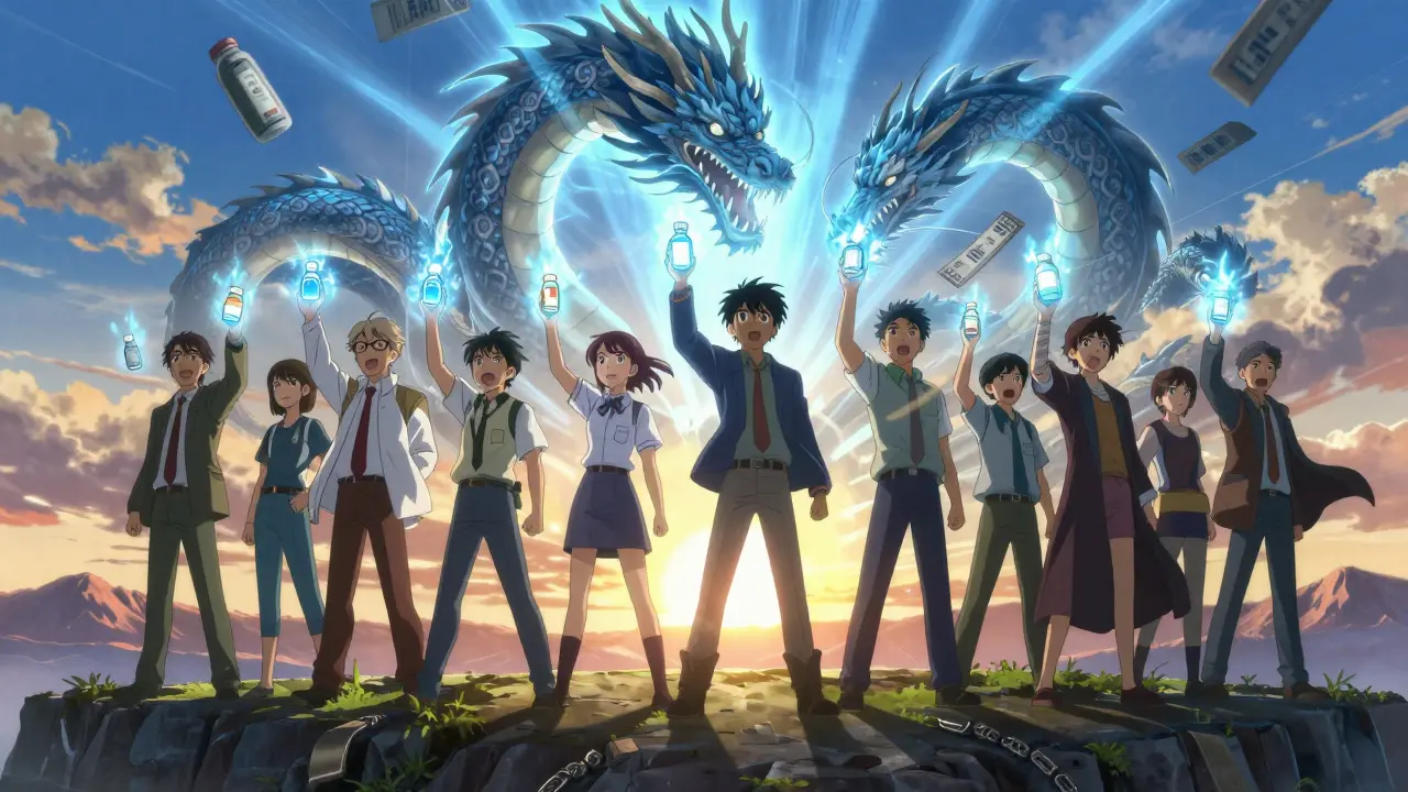 Patients unite with generic medication bottles emitting light, defeating a dragon made of corporate rebates and supply chains.