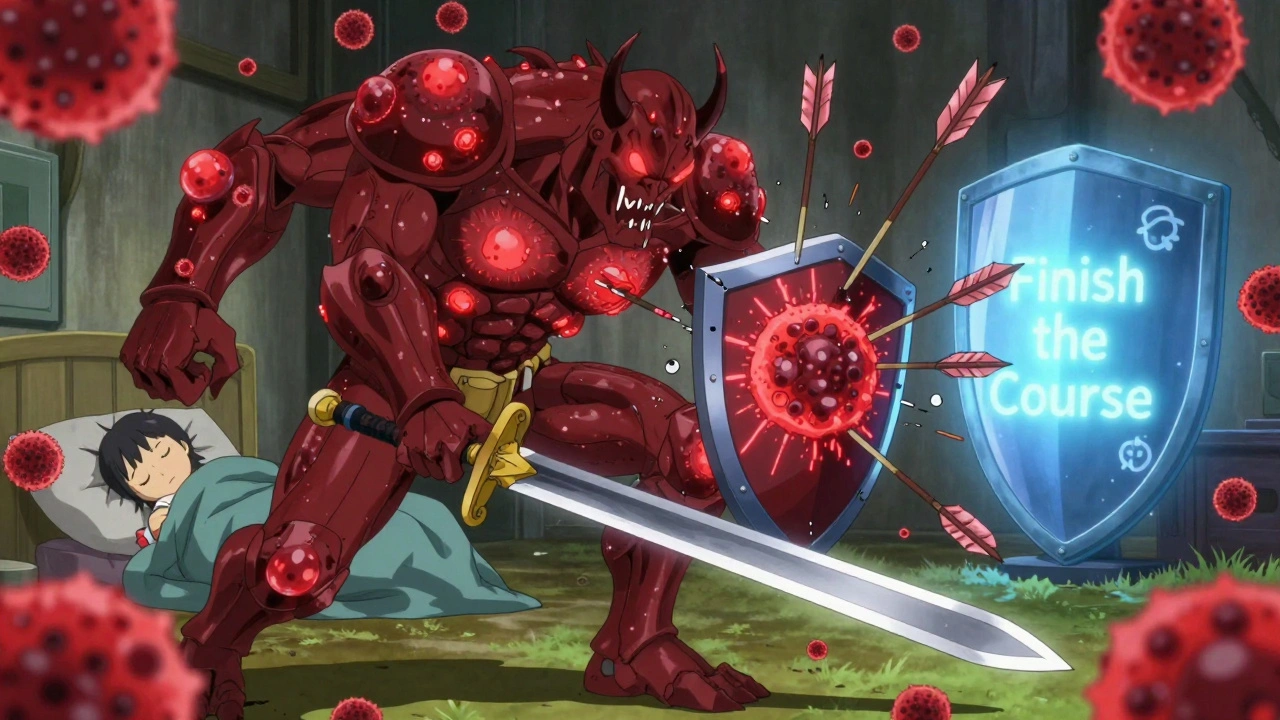 Penicillin sword defeating strep bacteria demon, child sleeping safely in background.