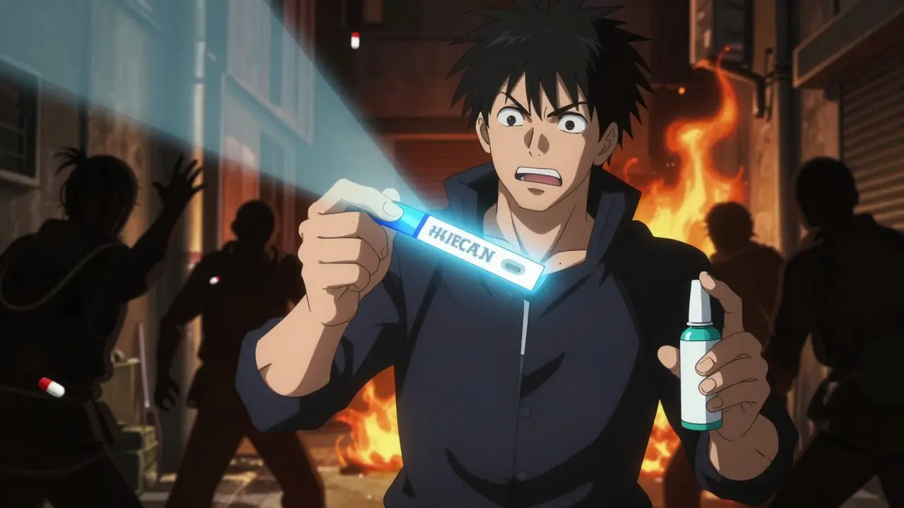 Person testing pill with glowing blue fentanyl strip, shadowy figures reaching for counterfeit pills nearby.