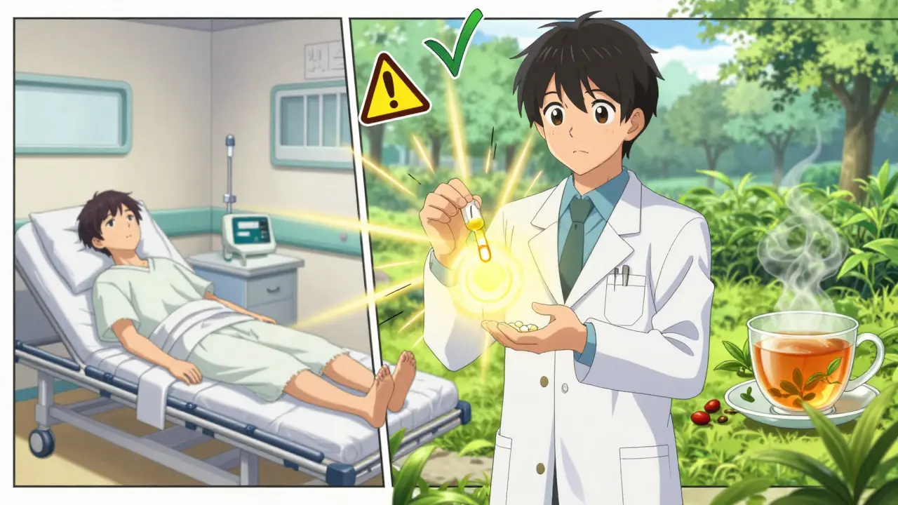 Pharmacist gives probiotic supplement instead of kombucha, hospital and tea garden in background.