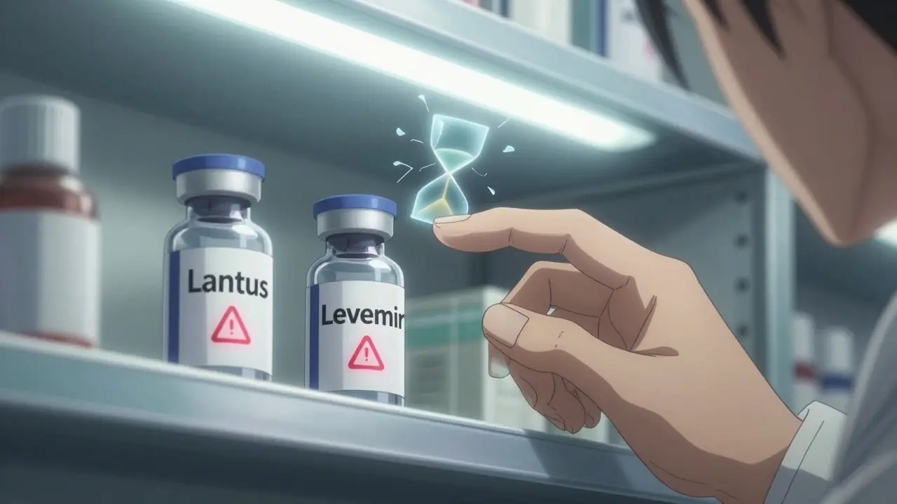 Pharmacist hesitating between two nearly identical insulin vials on a shelf, ghostly warning symbol above.