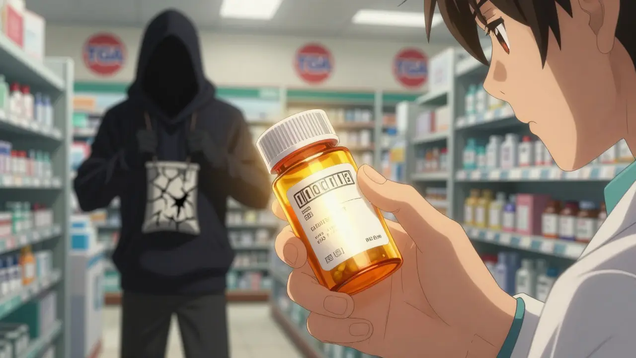 Pharmacist scanning a prescription bottle as a counterfeit pill bag crumbles into black sludge.
