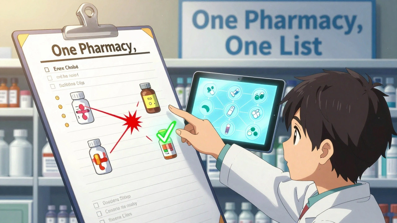 Pharmacist using a digital tablet to identify overlapping medication ingredients with glowing warnings and checks.