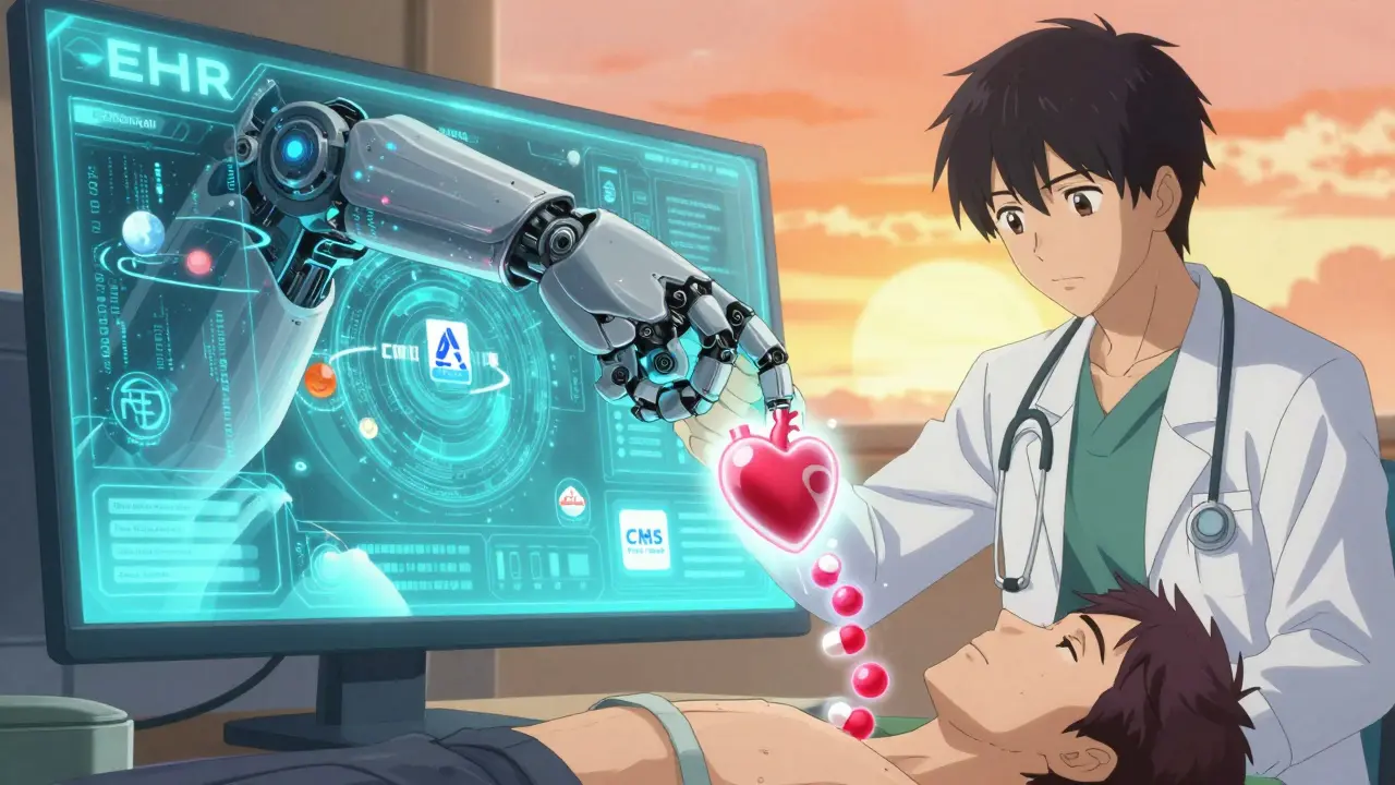 Robotic data arm transforms drug molecule in patient's chest while AI and CMS logos orbit nearby.