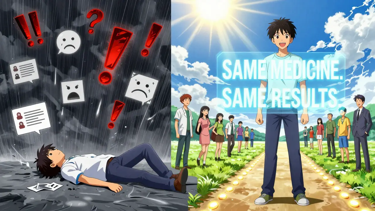 Split scene: one side shows fear and collapse, the other shows empowerment with AI guidance and sunlight.