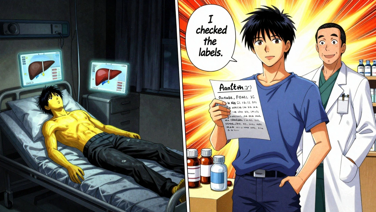 Split scene: person collapsing from overdose vs. same person safe with medication list, symbolizing prevention.