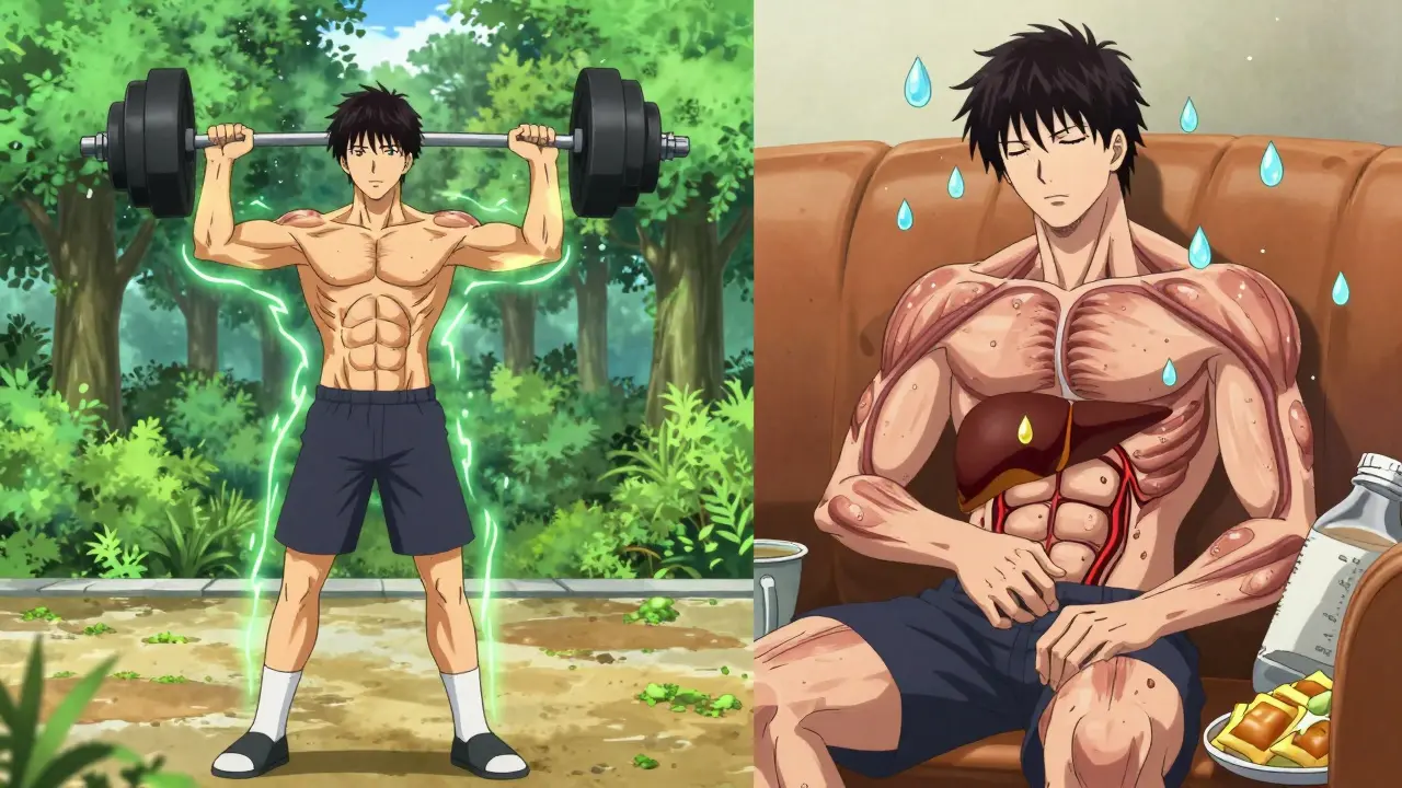 Split scene: person exercising with glowing energy vs. person sedentary with dark veins, representing insulin resistance and recovery.