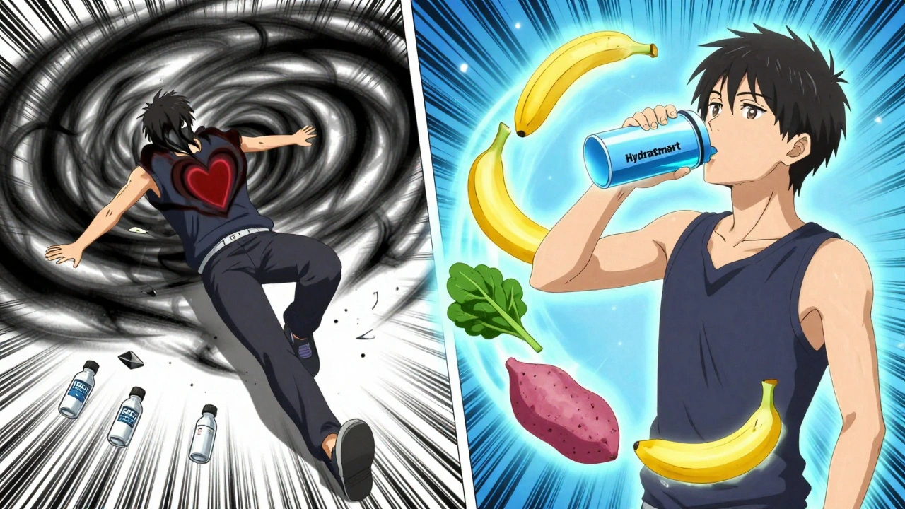 Split scene showing dehydration danger vs. balanced hydration with healthy foods glowing.