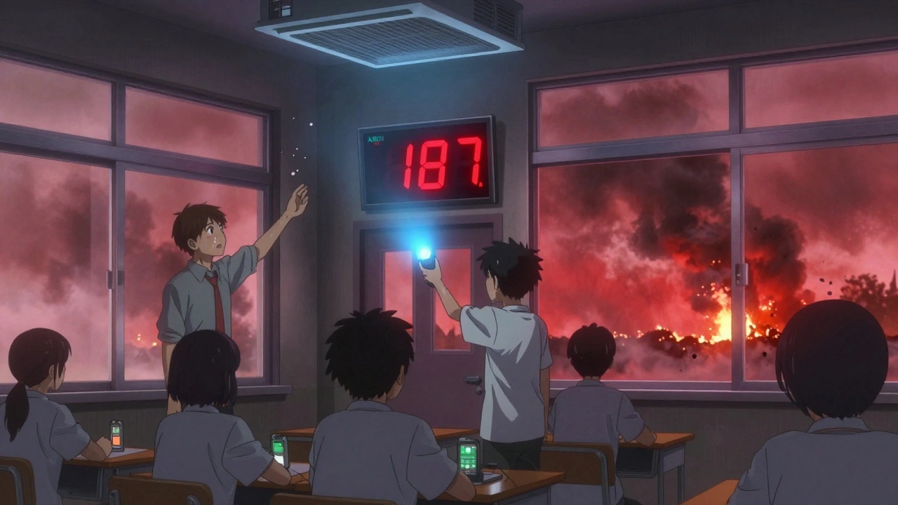 Students in classroom watch red AQI alert as HVAC filter activates, wildfire smoke visible outside.