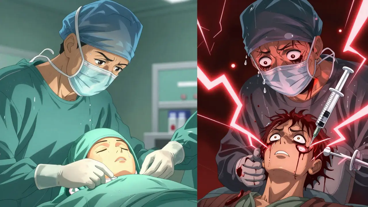 Surgeon reaching for a syringe in operating room, patient's terrified eyes visible, split-screen showing life-or-death outcomes.