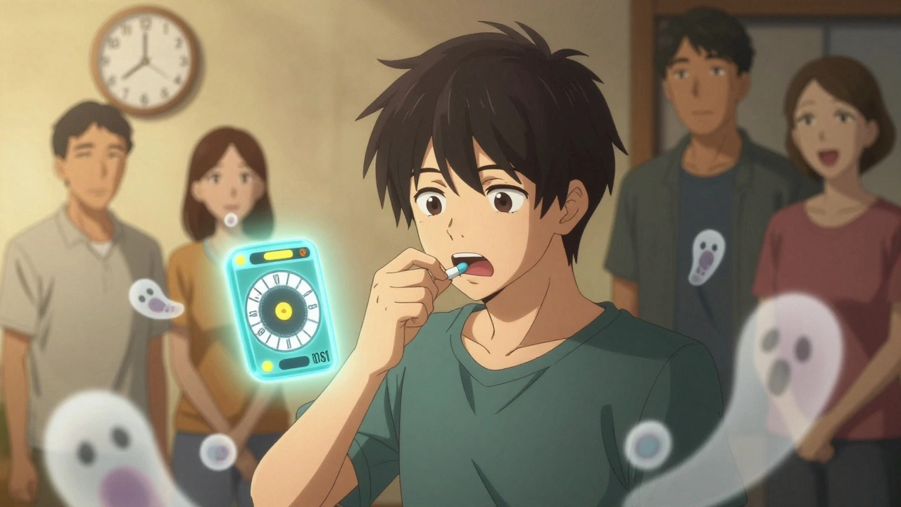 Teen taking antibiotics with glowing 10-day timer, bacteria fading away in light.