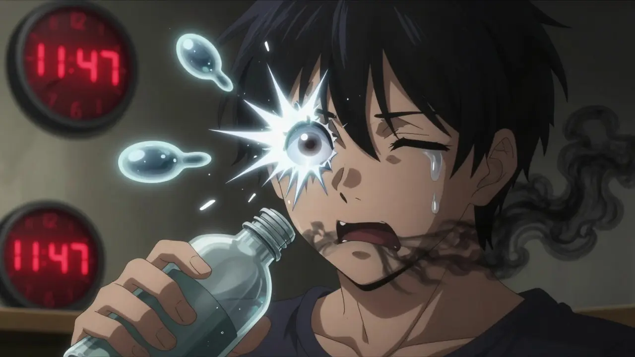 Teen using lifitegrast at night, metallic shockwave erupting from eye as bitter taste forms dark smoke.