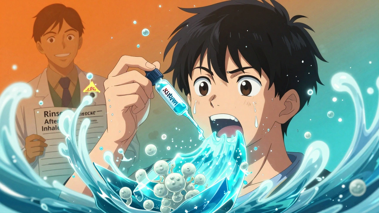 Teenager applying nystatin drops as glowing antifungal waves destroy yeast in mouth