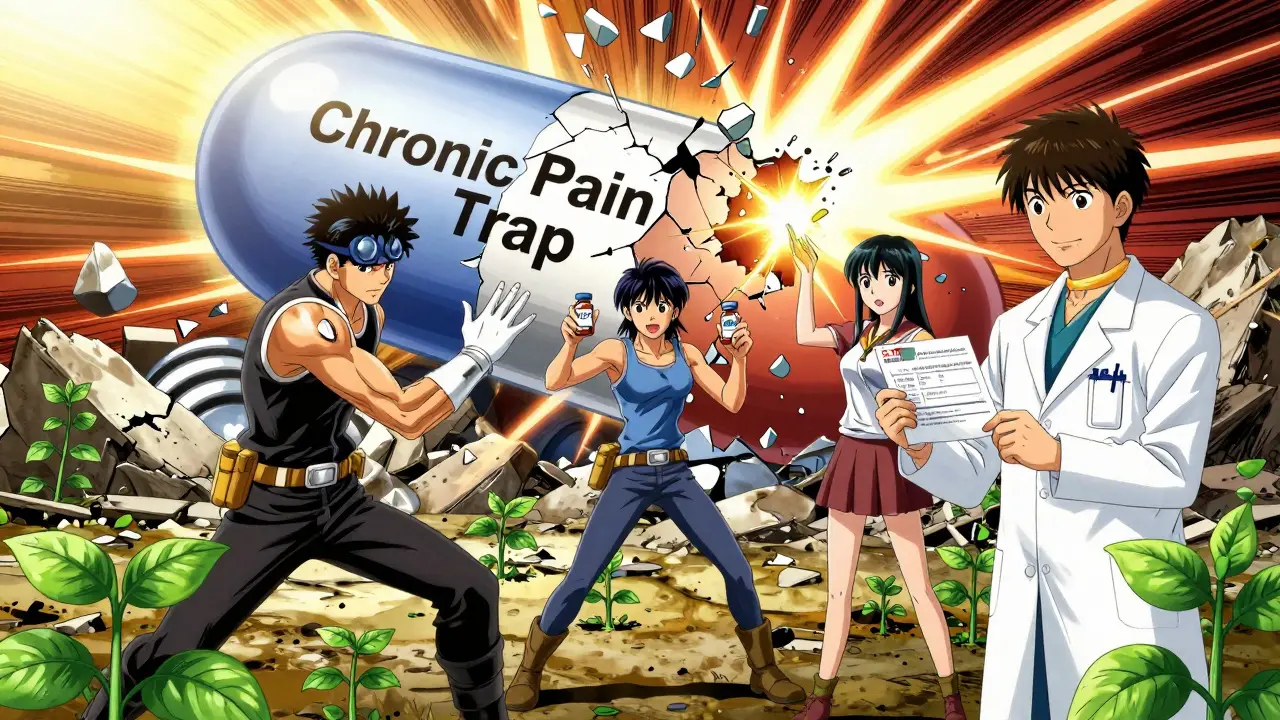 Three heroes shattering a giant opioid pill monument with light, surrounded by vines of recovery and medical treatments.