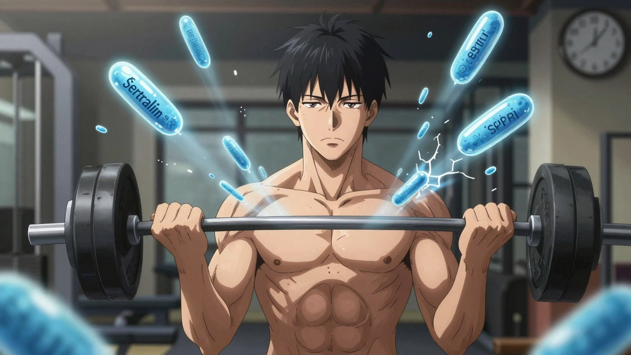 Transgender man exercising as antidepressant symbols fade, showing reduced medication efficacy due to testosterone.