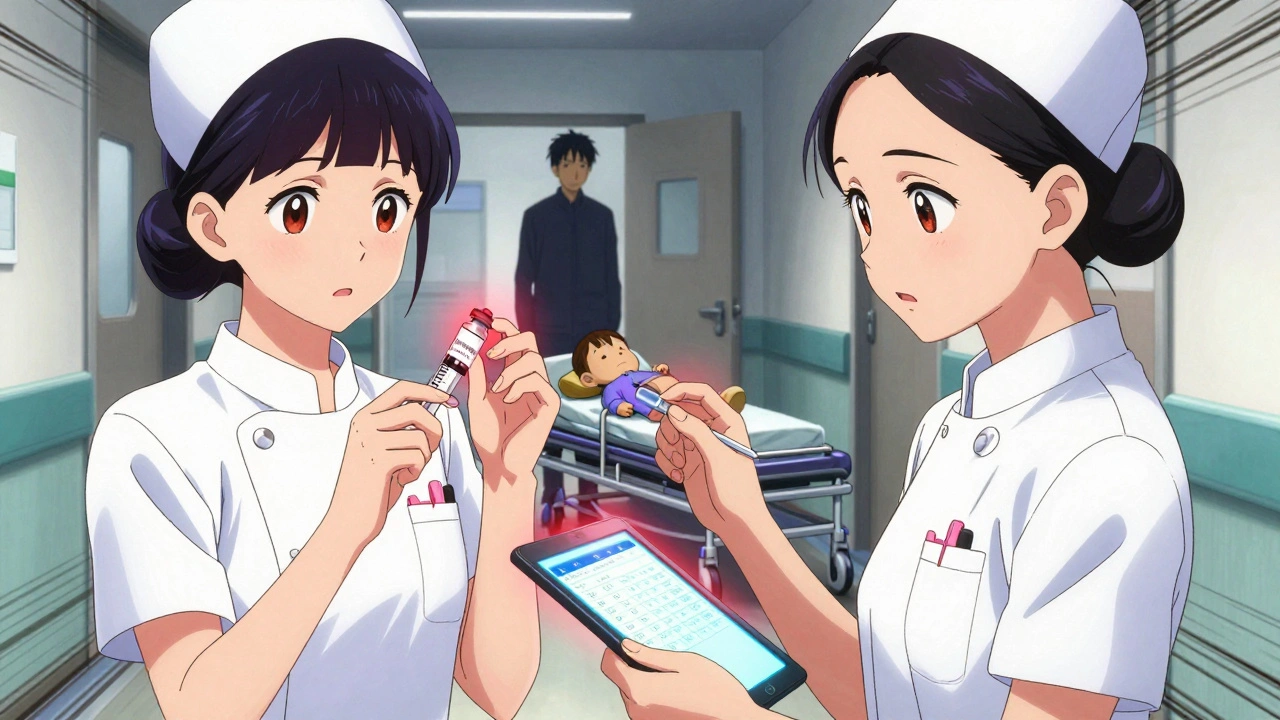 Two nurses double-check epinephrine dose using digital tools, child&#039;s toy on gurney in background.