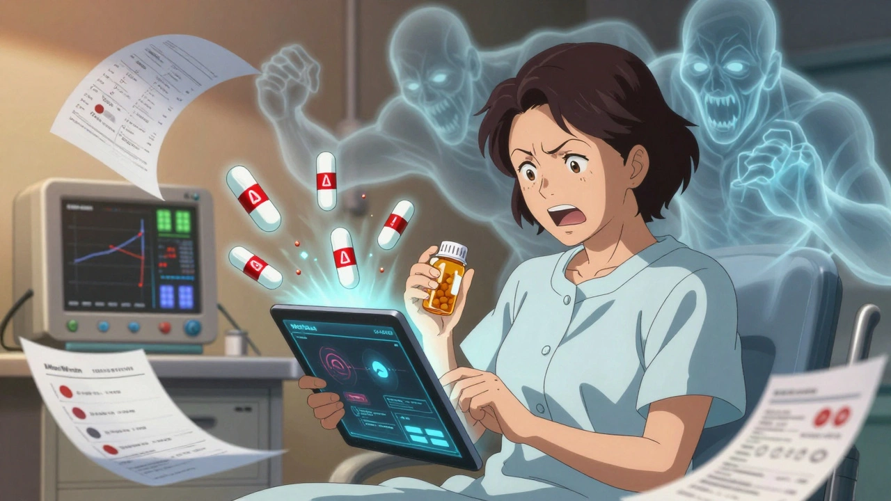 Woman reporting a drug side effect through MedWatch as dangerous drug spirits rise around her