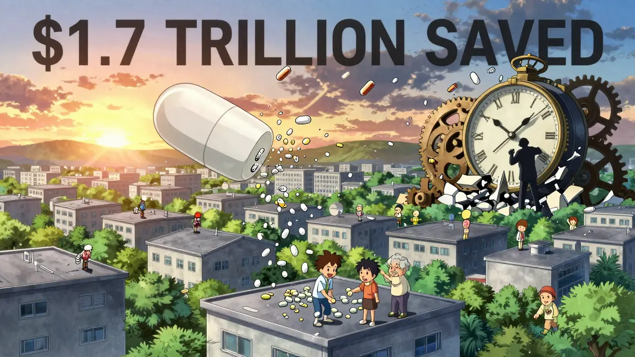 A brand-name pill explodes into generic tablets raining down over a city, saving healthcare costs.