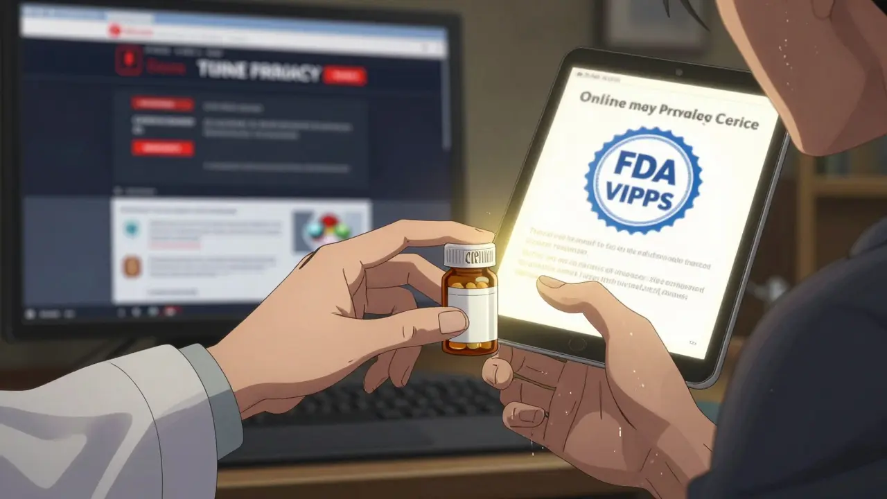 A Canadian pharmacist hands a pill bottle to a U.S. patient, with a safe pharmacy seal on one side and a dangerous website on the other.