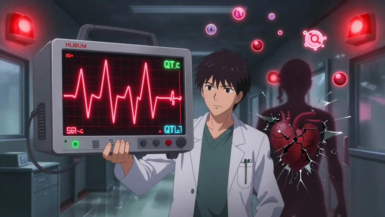 A doctor holding a glowing ECG with a dangerously elongated waveform, medical ions floating around them.