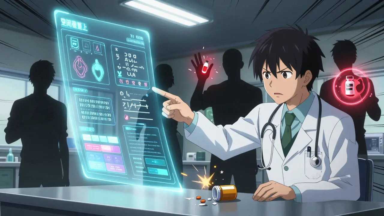 A doctor points to a giant holographic genetic report as four patients in silhouette stand behind, with shattered pills and warning symbols glowing in the lab.