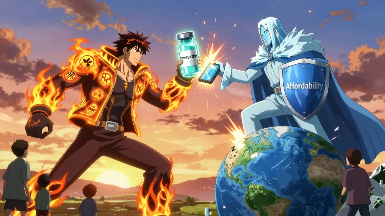 A giant US and Europe figure battle over a global drug tablet under a fiery sunset sky.