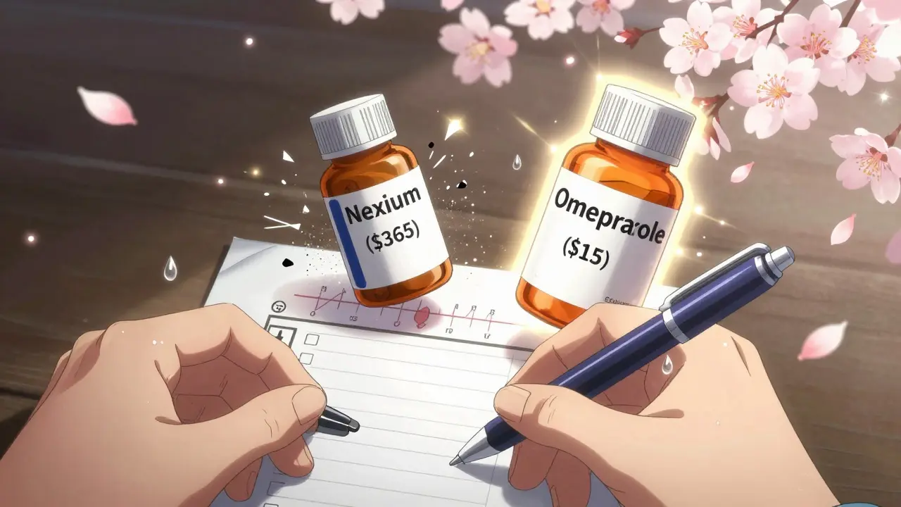 A glowing generic drug replaces an expensive brand-name pill, with medical charts dissolving into petals.