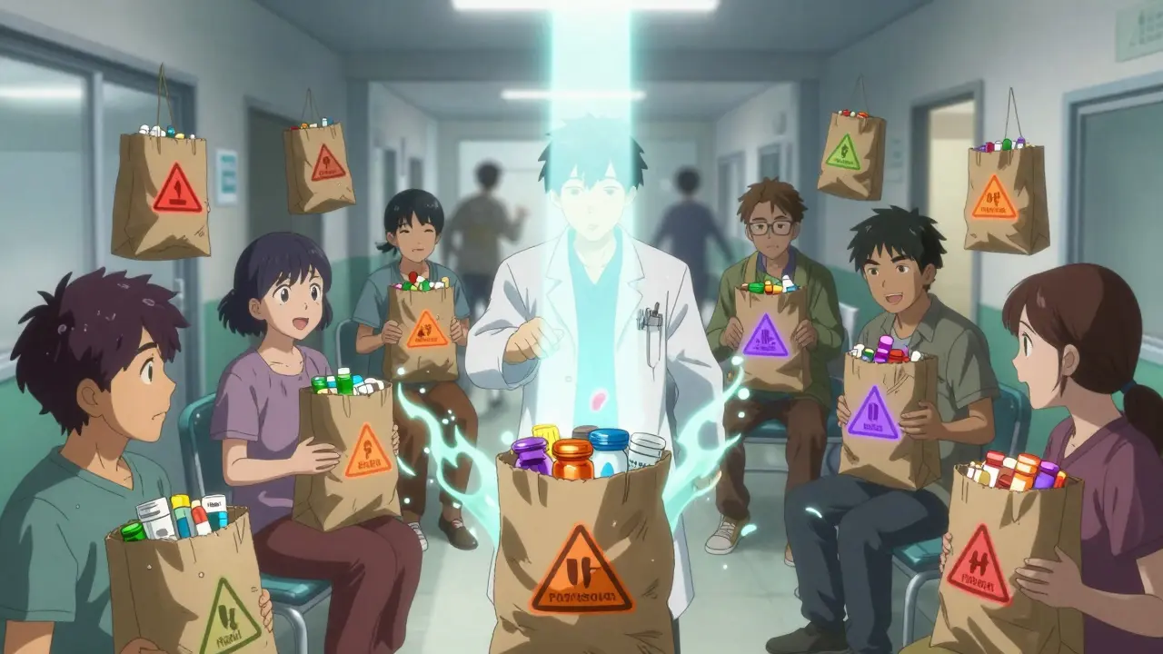 A group holding brown bags of medications, each pill glowing with color-coded danger signs under medical light.