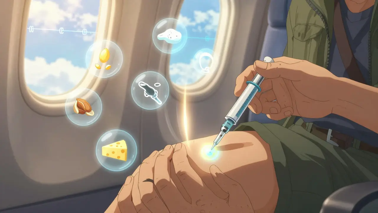 A hand injecting HIV medication on a plane, with floating food and drug icons glowing around them.