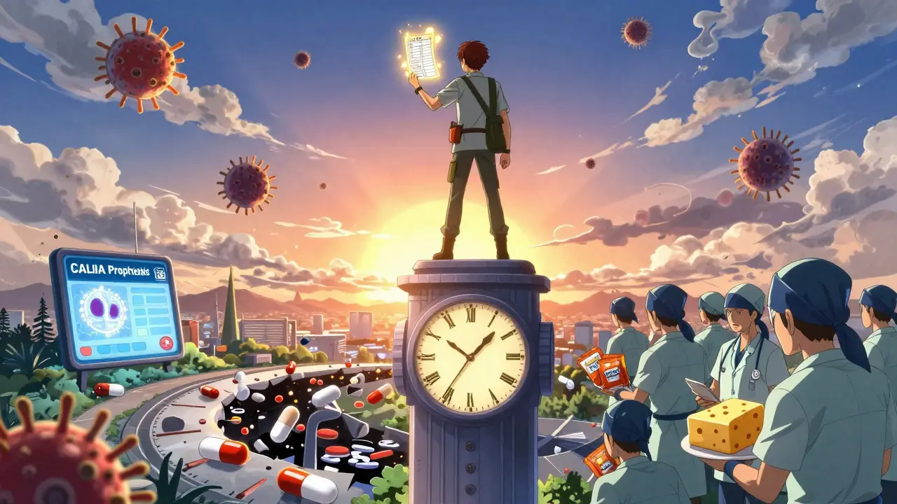 A hero standing on a giant clock tower, holding a glowing dosing schedule as time zones collapse below.