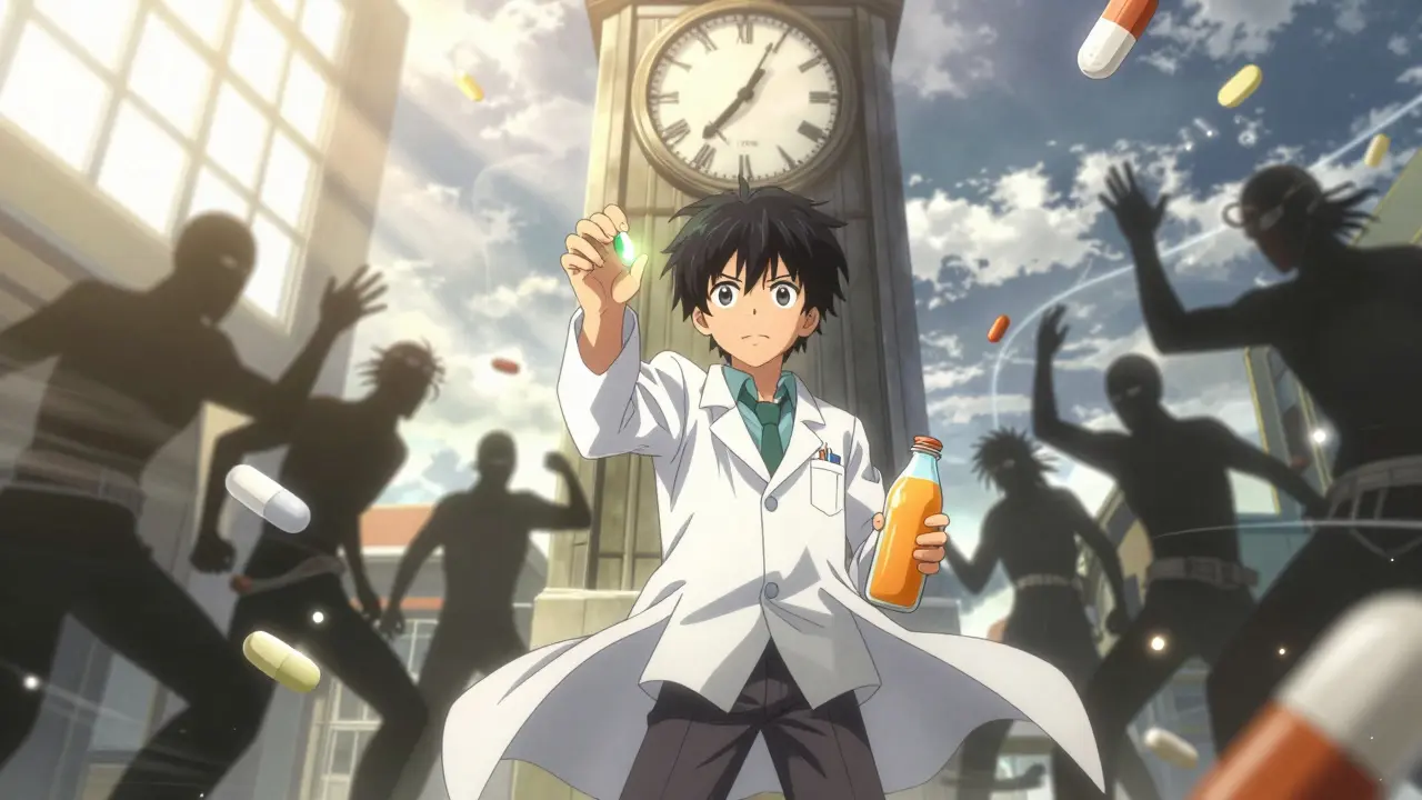 A hero taking iron with orange juice as time barriers block interfering medications.