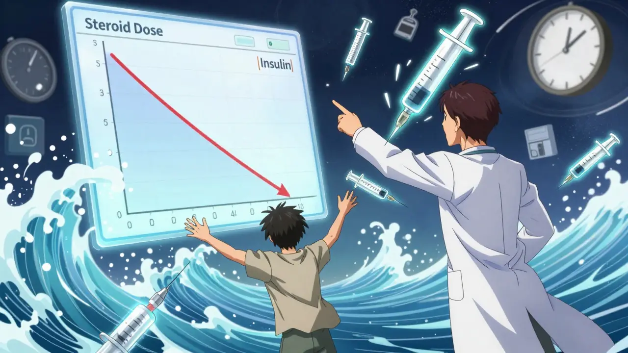 A patient stands between declining steroid and persistent insulin lines, glowing syringes deactivating as medical symbols swirl around them.