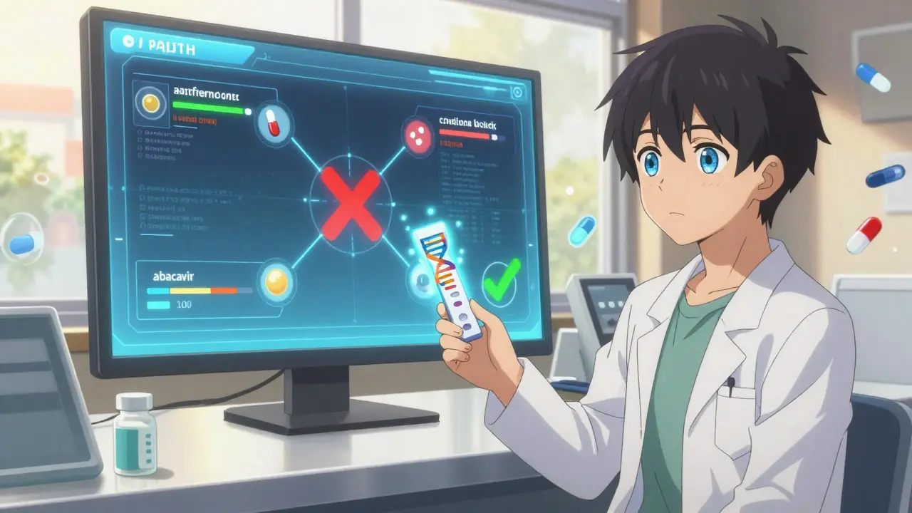 A pharmacist hands a glowing DNA test kit to a teen while a digital screen shows real-time drug-gene adjustments and protective symbols.