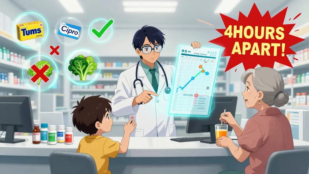 A pharmacist showing a timeline chart to prevent supplement interactions in a pharmacy.
