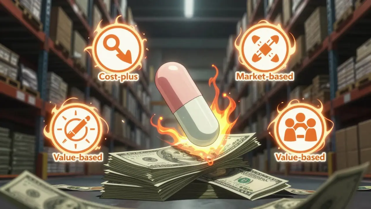 A pill transforms into cash surrounded by four pricing strategy icons glowing with fiery energy.