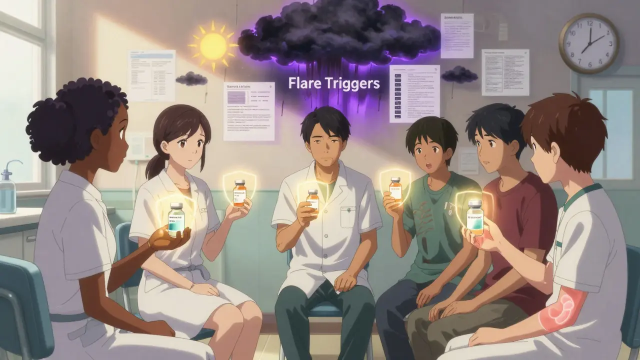 Diverse patients holding glowing lupus medications, shields protecting them from dark flare triggers.